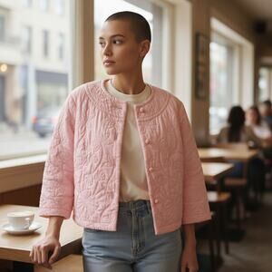 Neiman Marcus Pink Quilted Jacket Sz M Vintage Floral Pattern